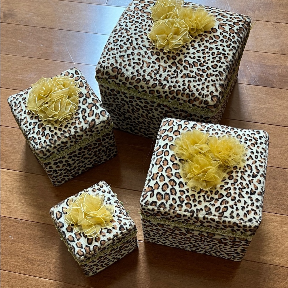 Leopard Print Storage/Nesting  Boxes with Gold Bow  Accents